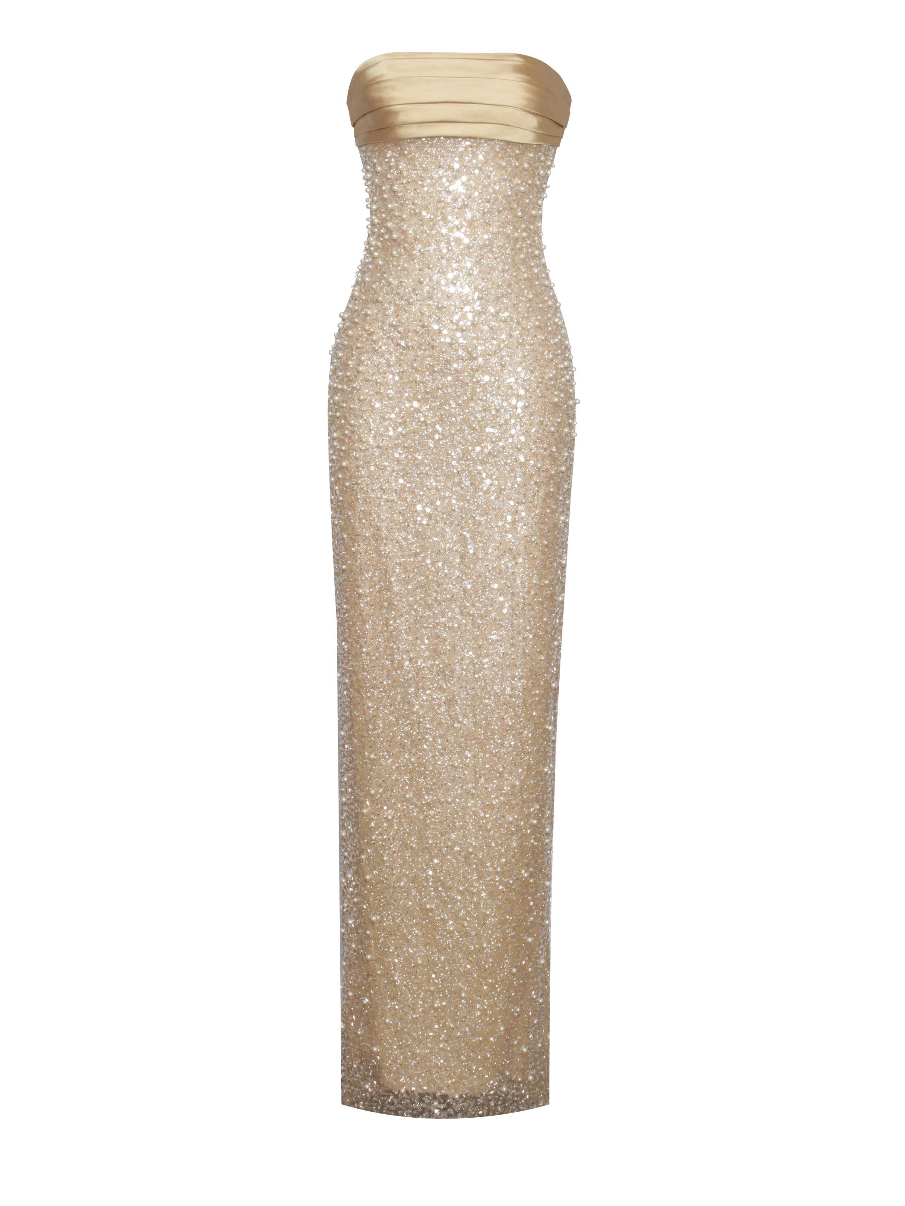 Gold strapless evening gown with sequin detailing on a white background