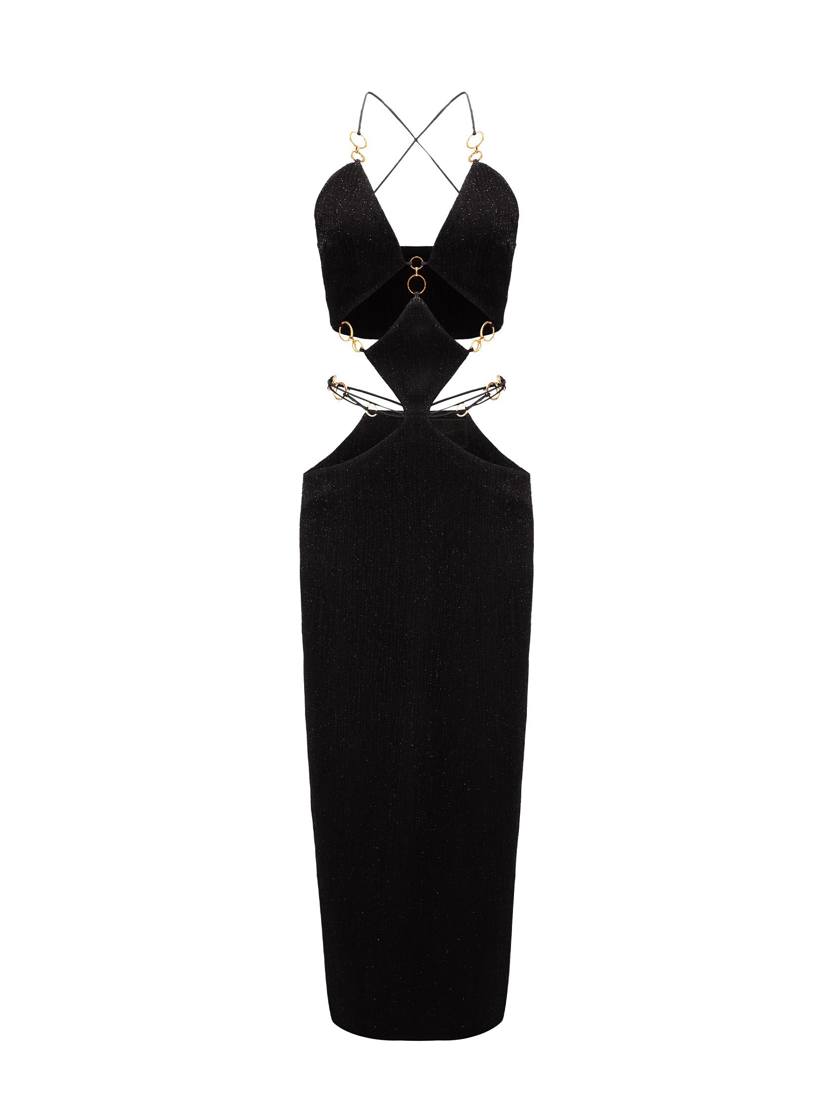 Black dress with unique cut-out design on a white background