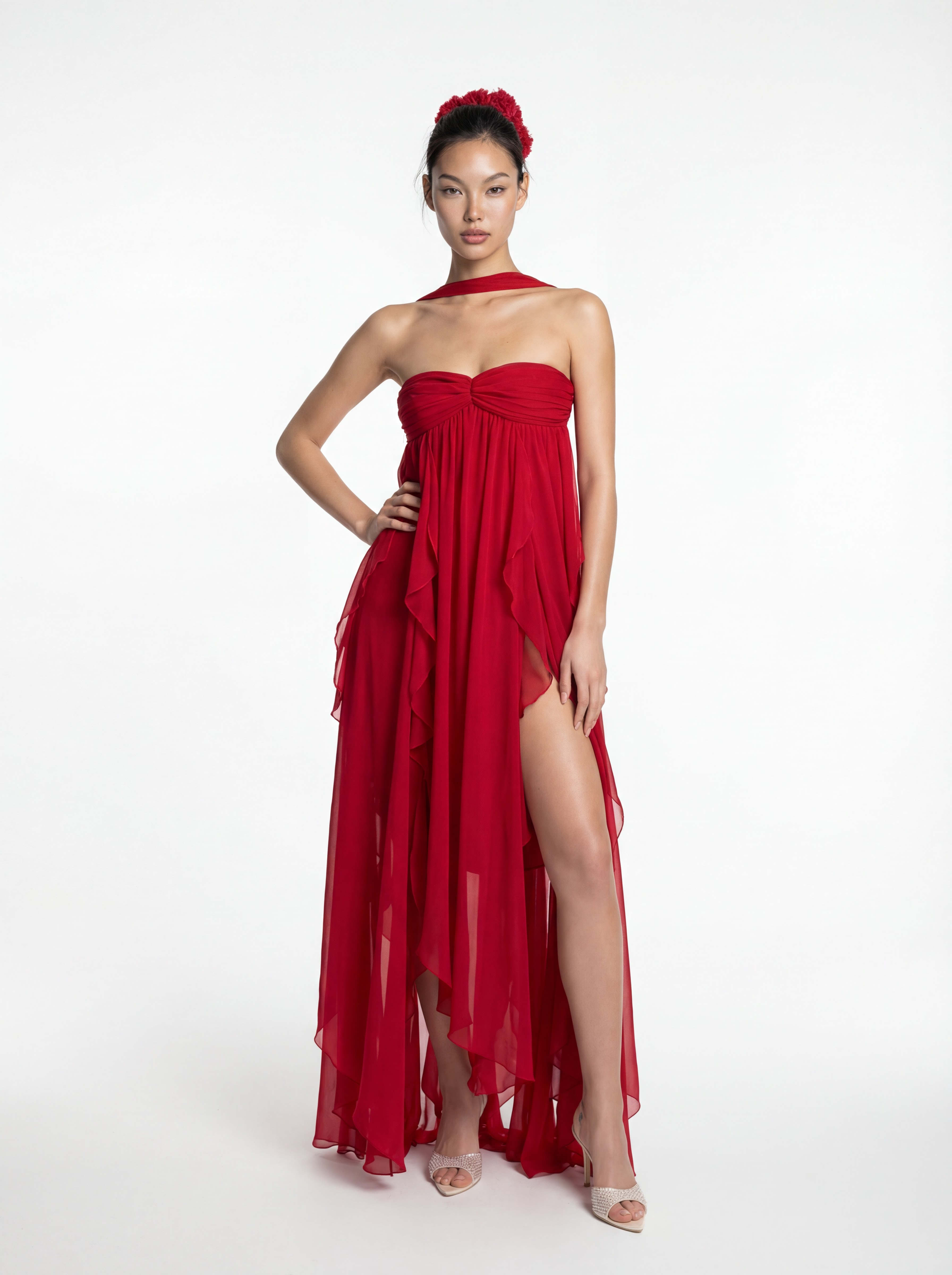 Model wearing a red strapless gown with a high slit on a white background
