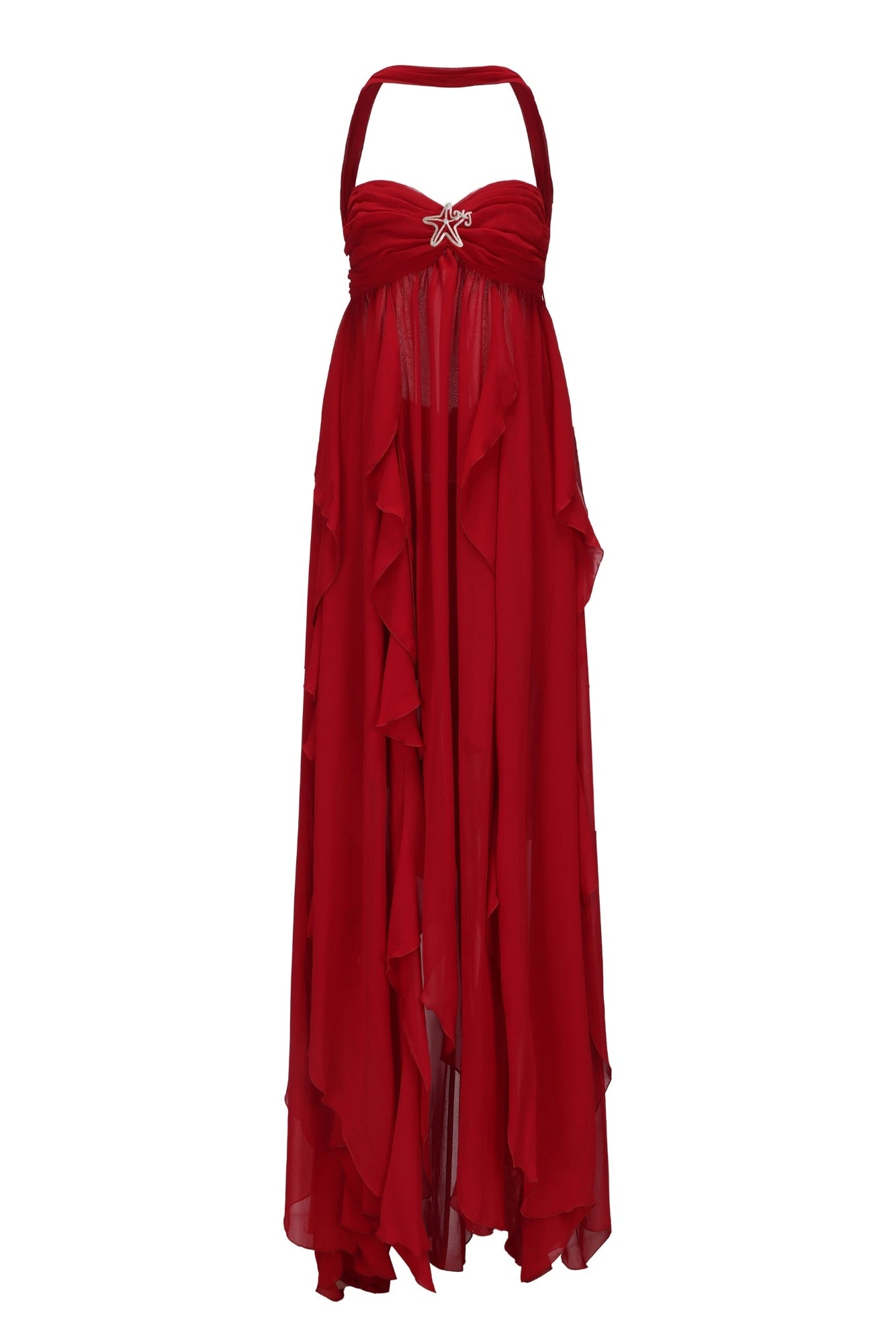Red evening gown with a bow detail on a white background