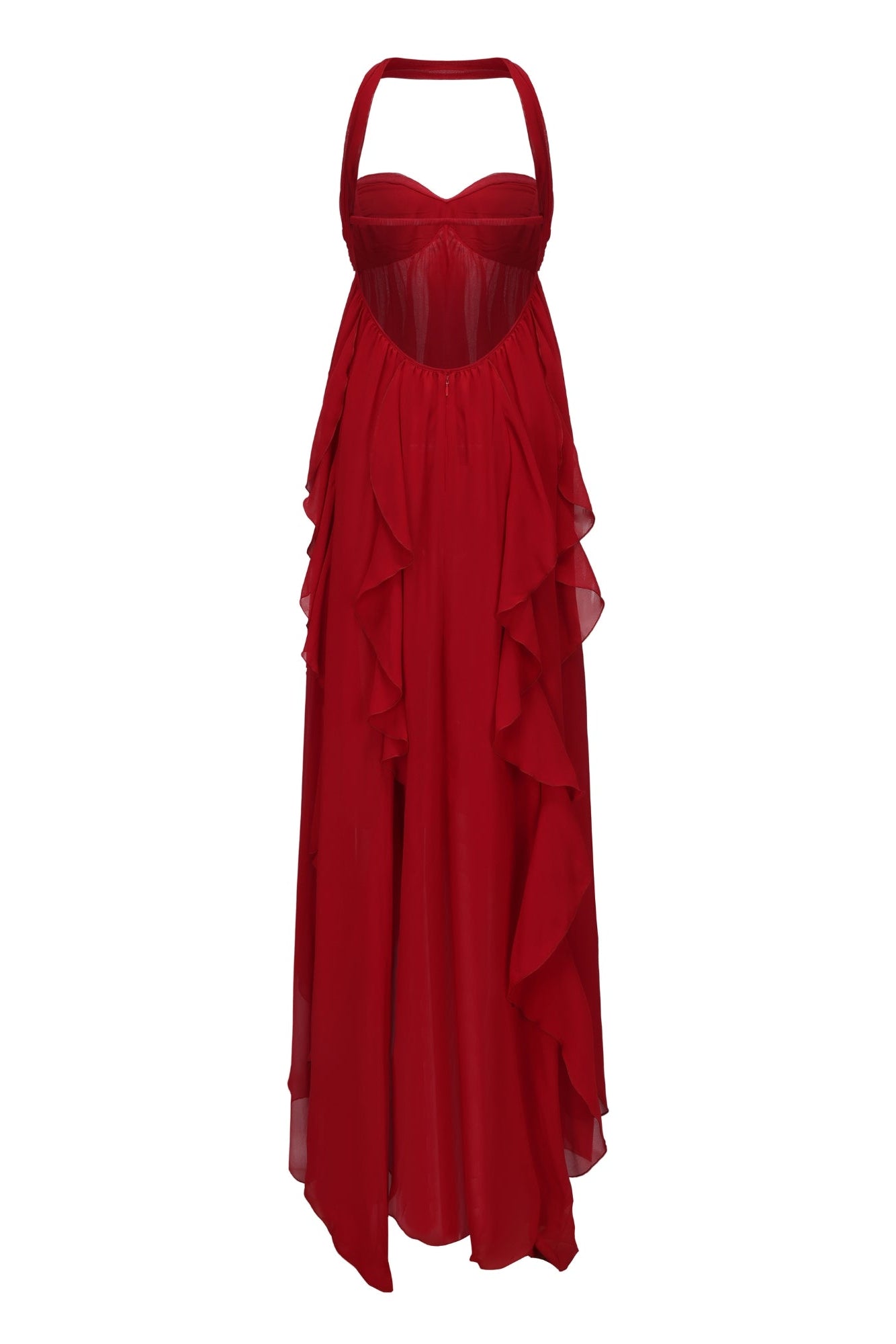 Red evening gown with ruffled layers on a white background