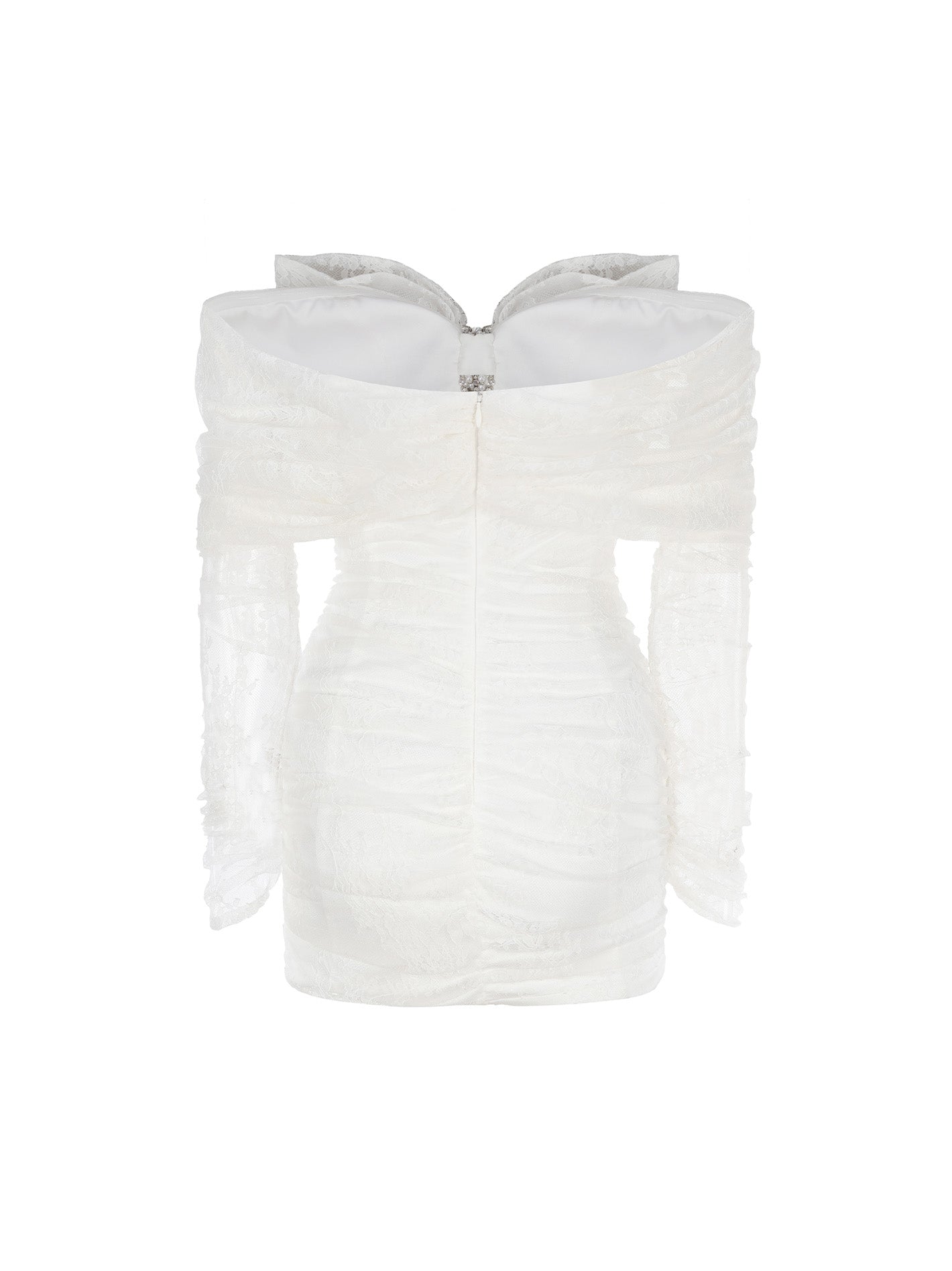 White strapless top with ruffled details on a white background