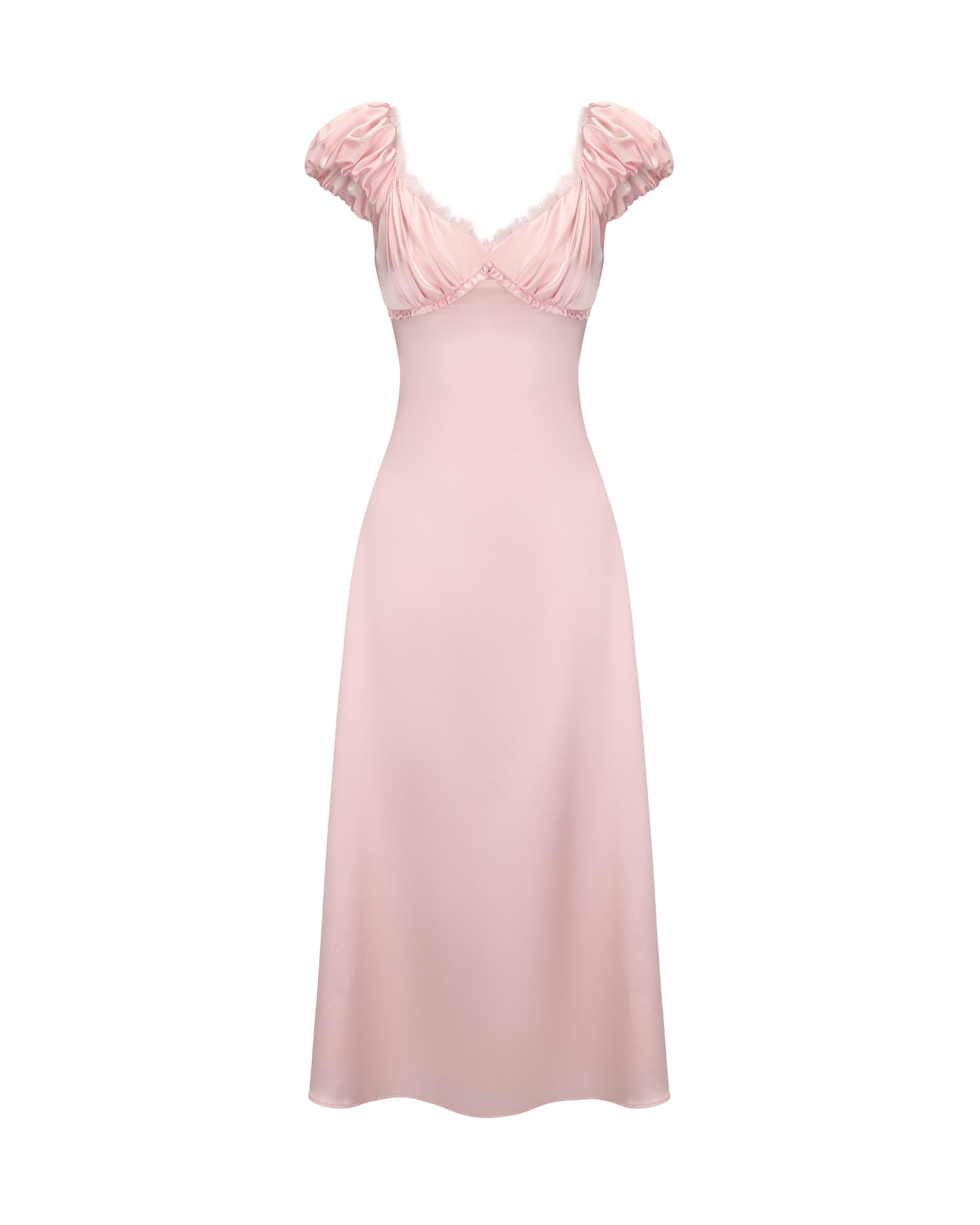 Pink evening gown with ruched straps on a white background