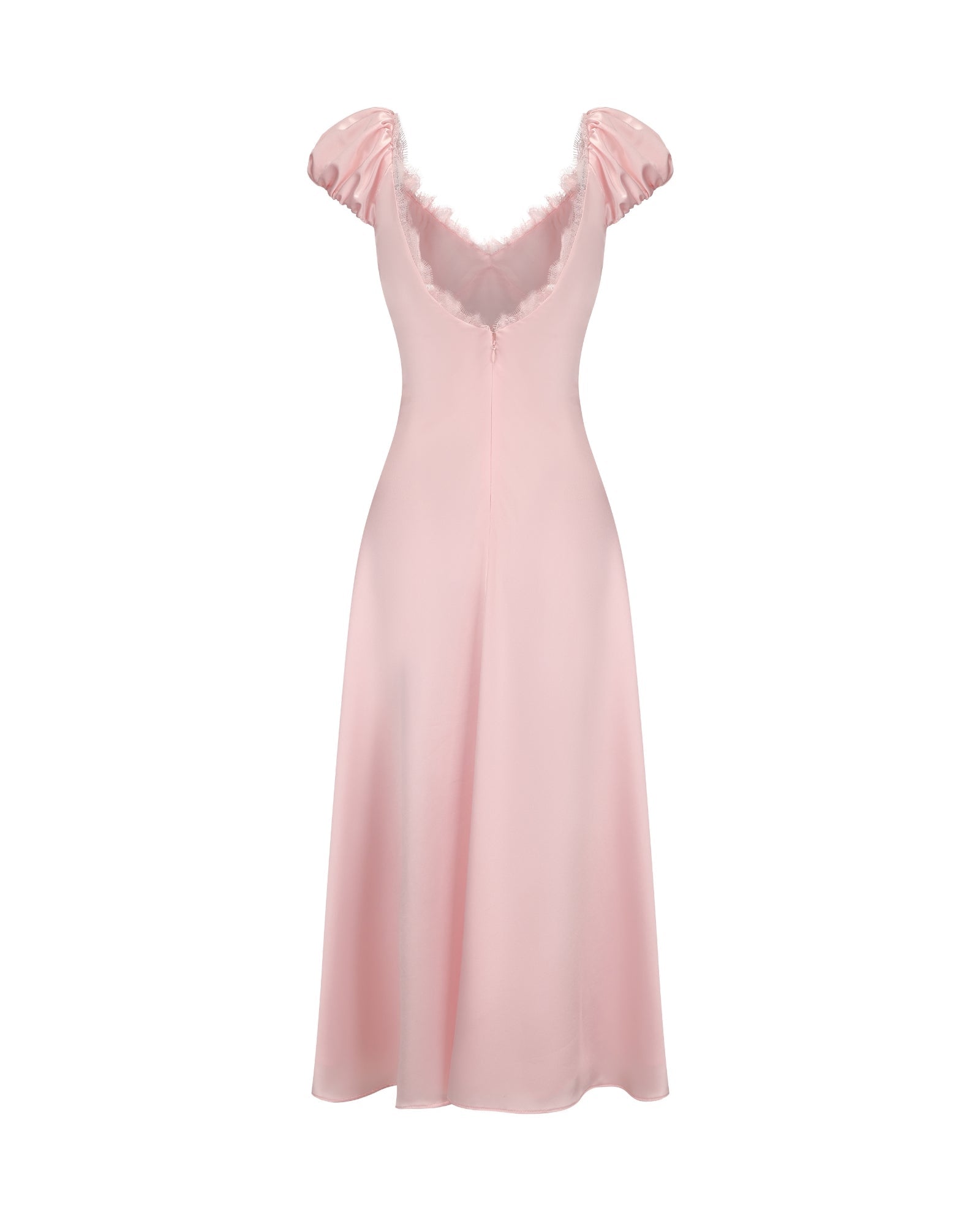 Pink evening gown with a deep neckline on a white background