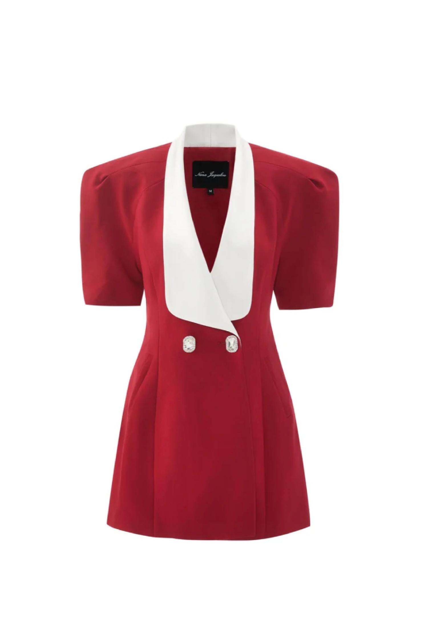 Red dress with white collar and buttons on a white background