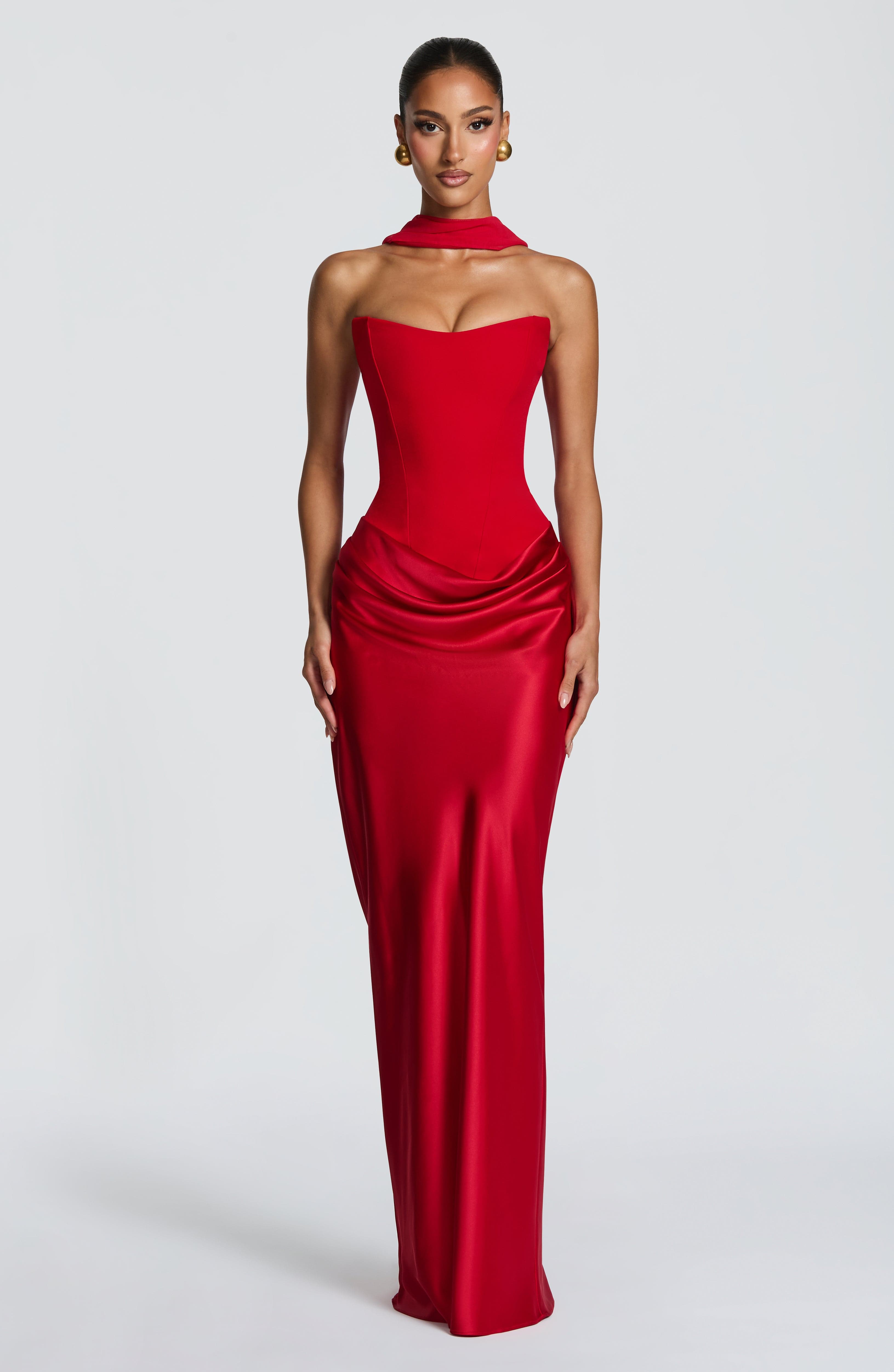 Red Strapless Corset Maxi Dress