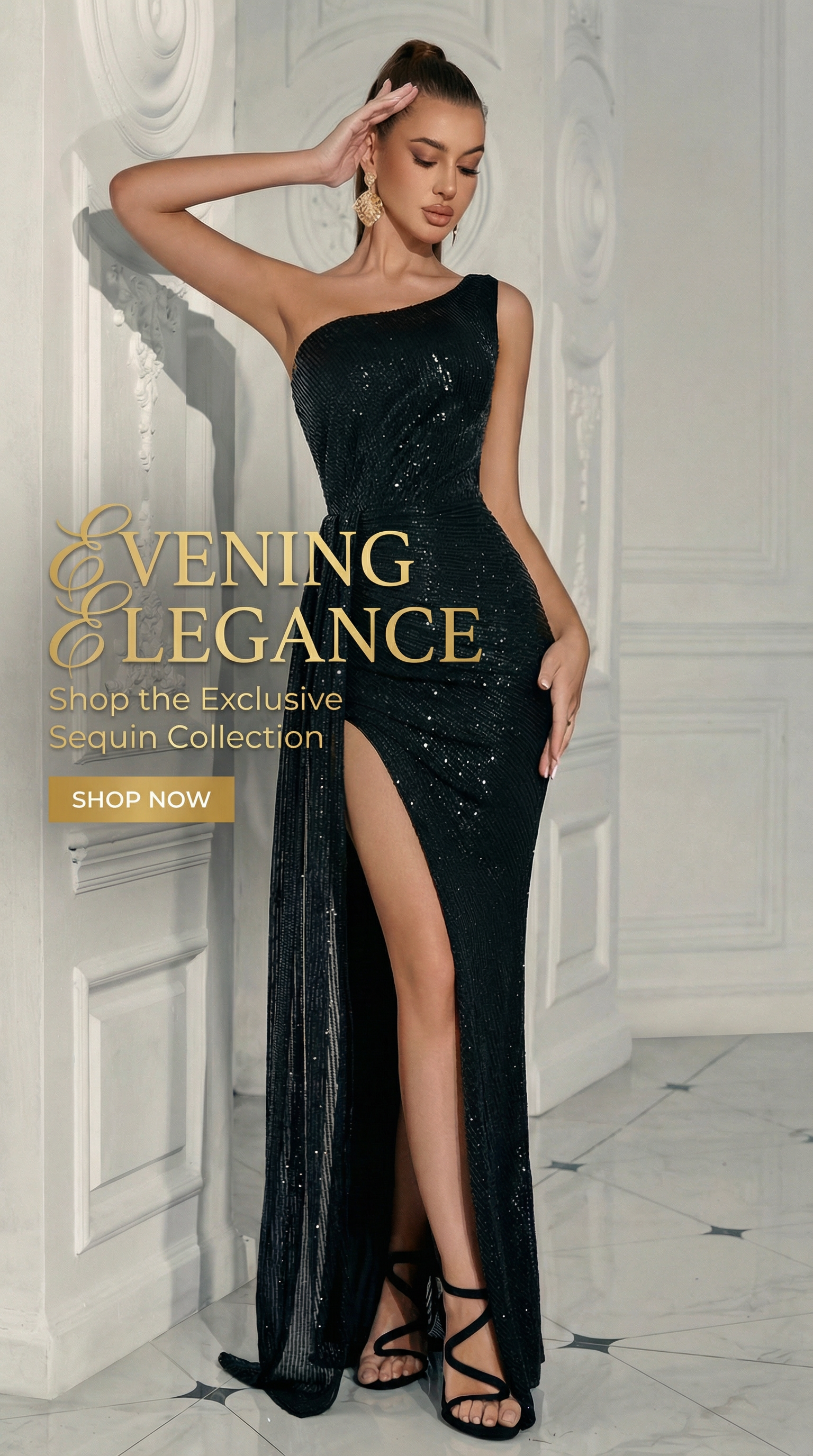 Woman in a black evening gown with sequins, standing in an elegant interior setting.