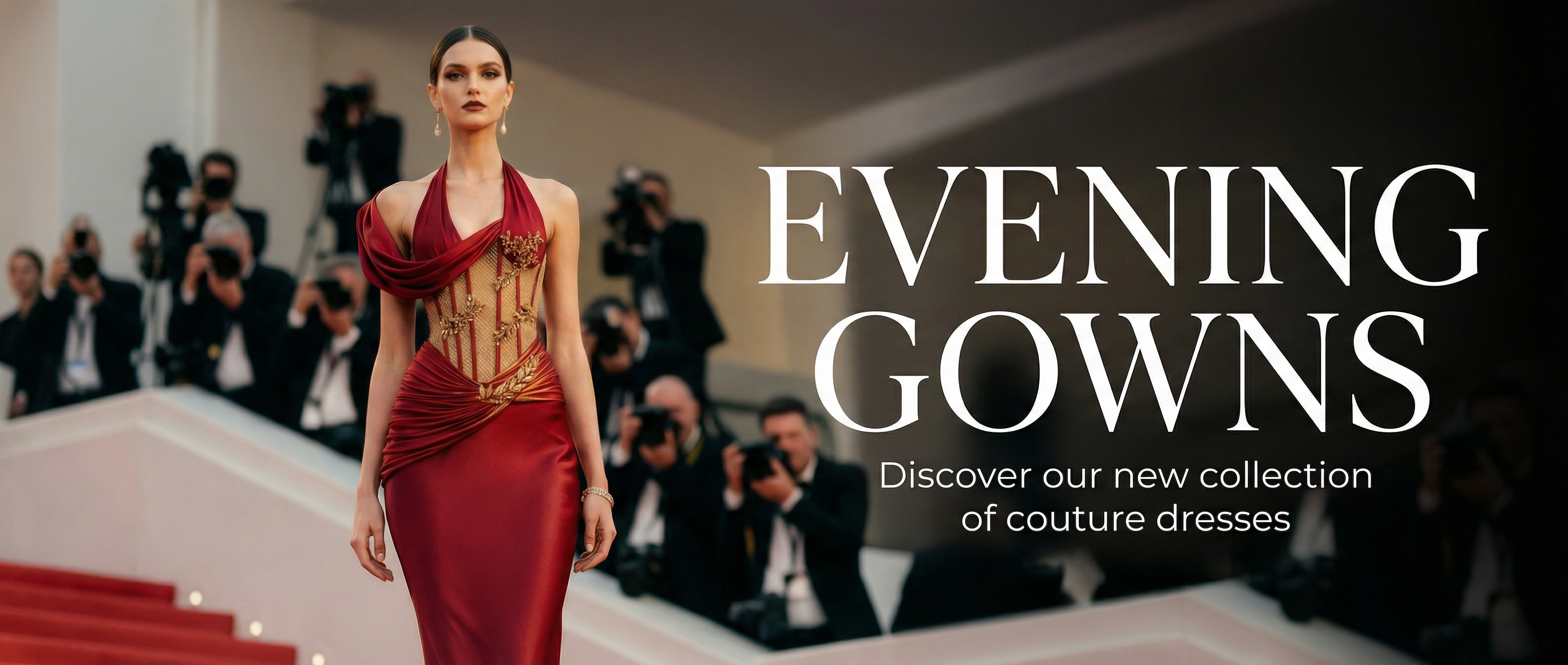 Model in a red evening gown on a red carpet with 'Evening Gowns' text overlay.