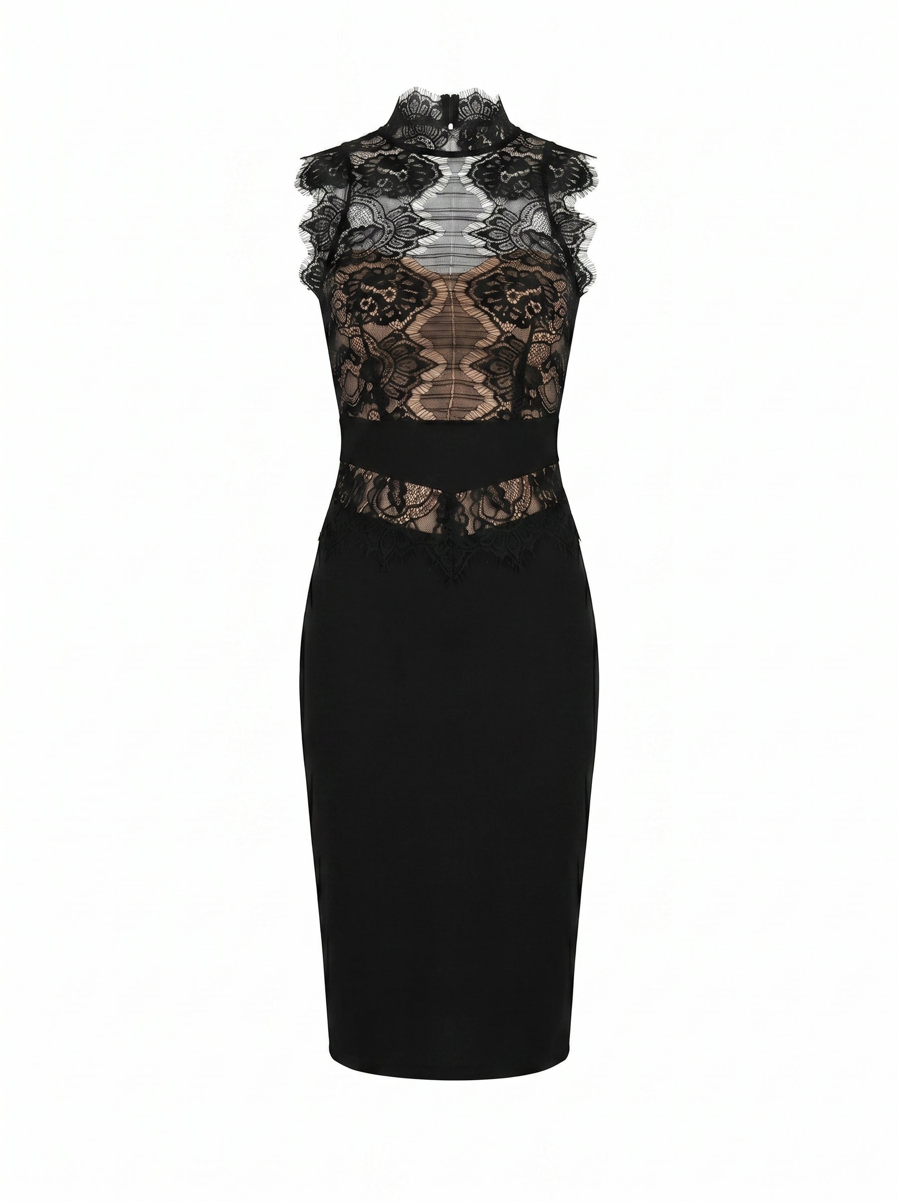 Black dress with lace detailing on a white background