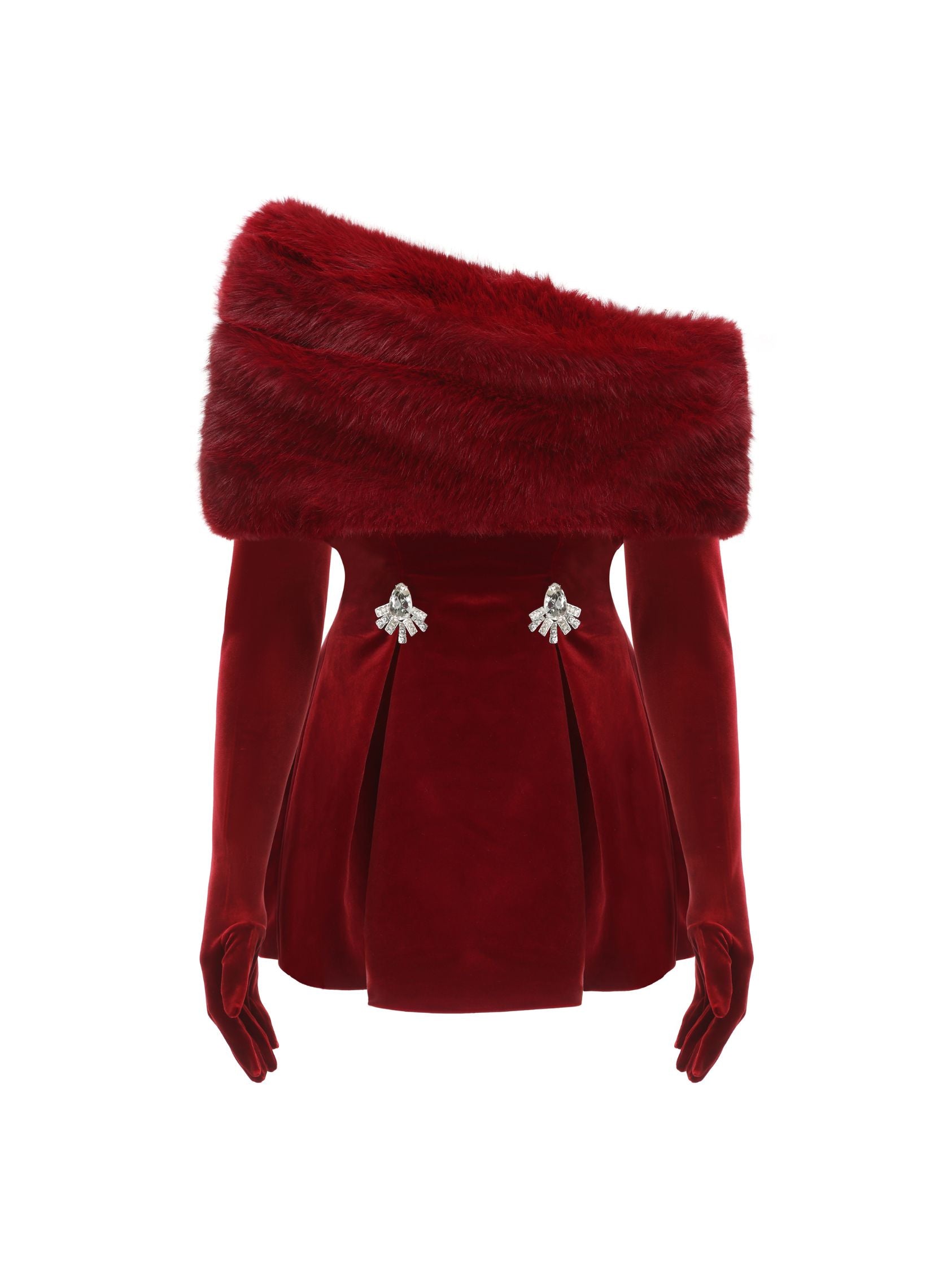 Red off-shoulder top with fur detail and decorative buttons on a white background