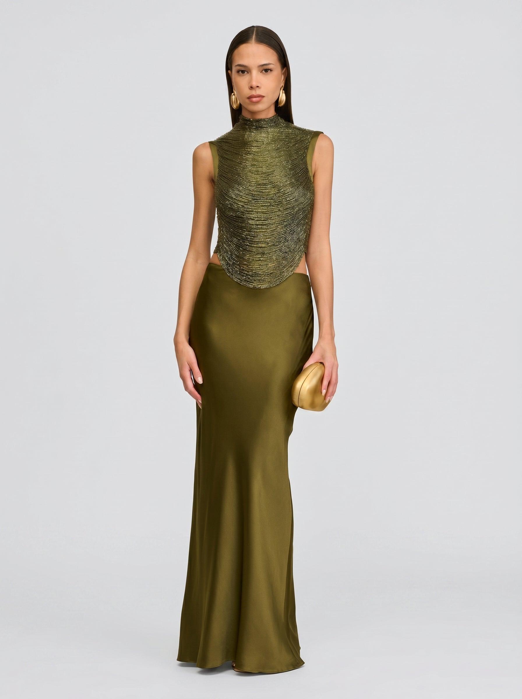Satin Fringe Two-Piece Set | Olive Skirt Co-ord