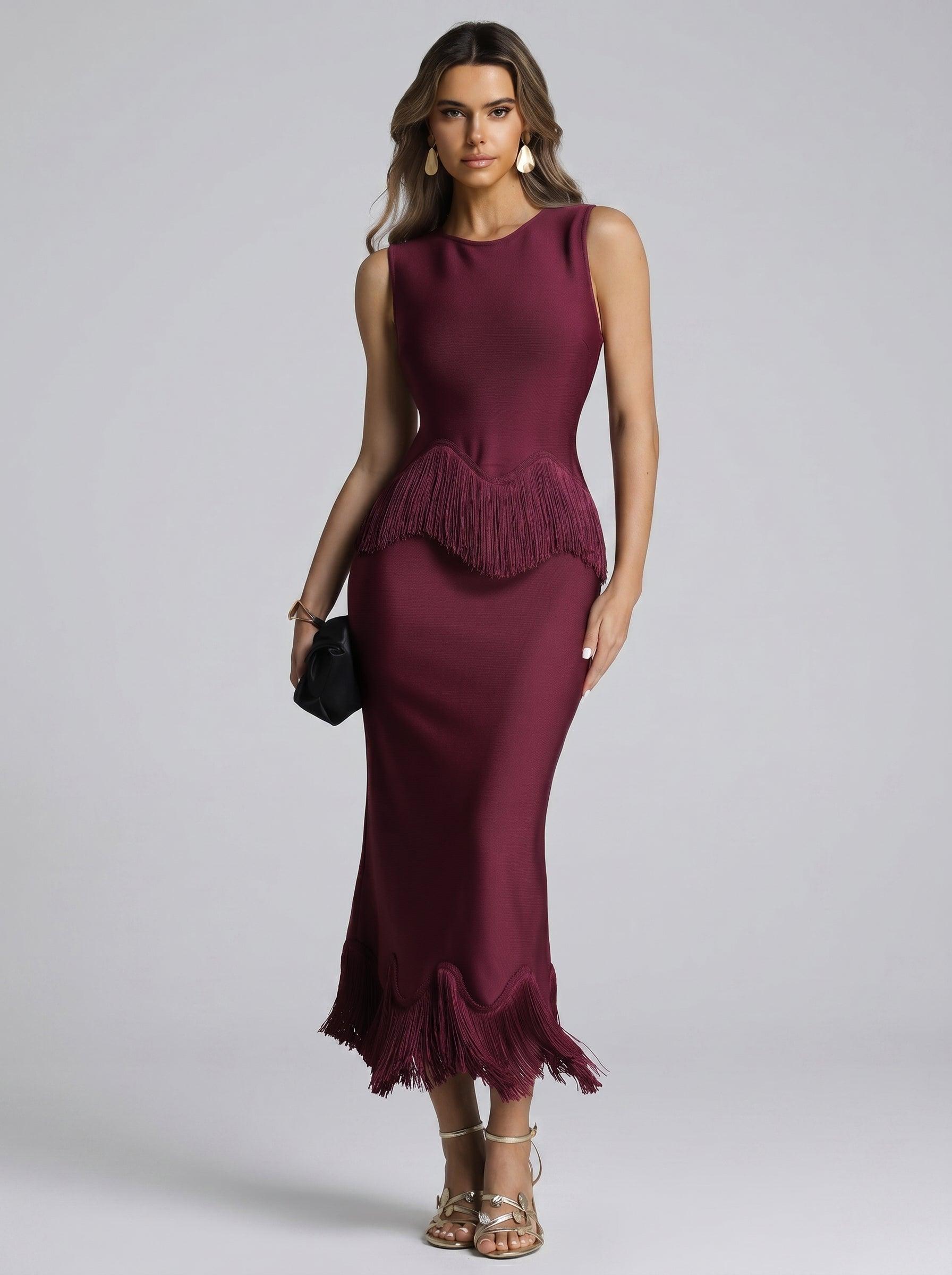 Burgundy Fringe Bandage Midi Dress