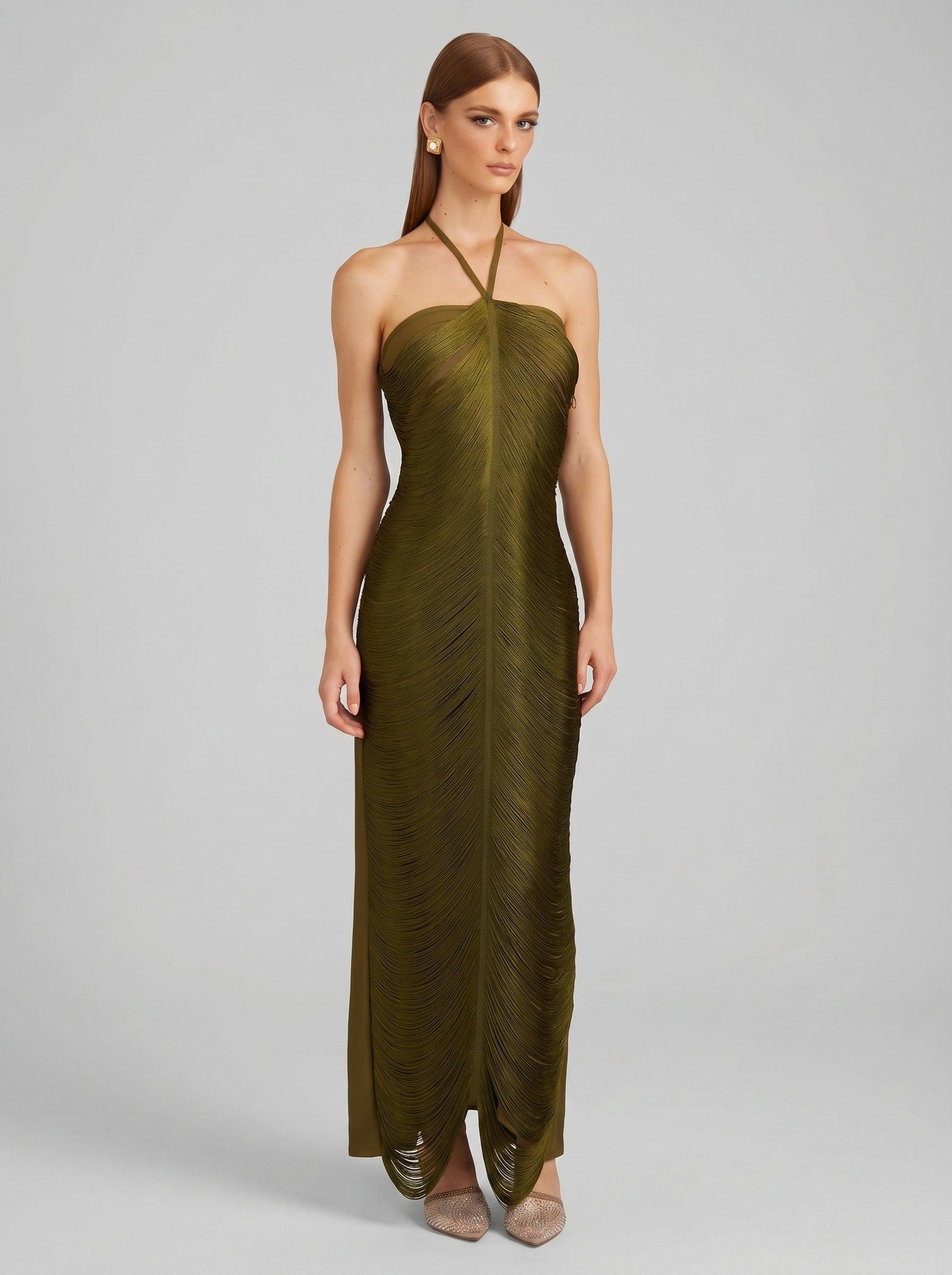 Olive Halter Fringe Maxi Bandage Dress