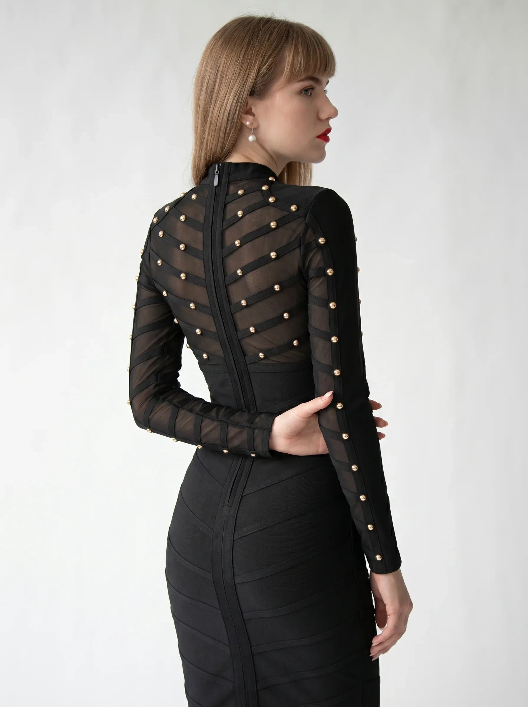 NoirLuxe Studded Mesh Bandage Mini Dress