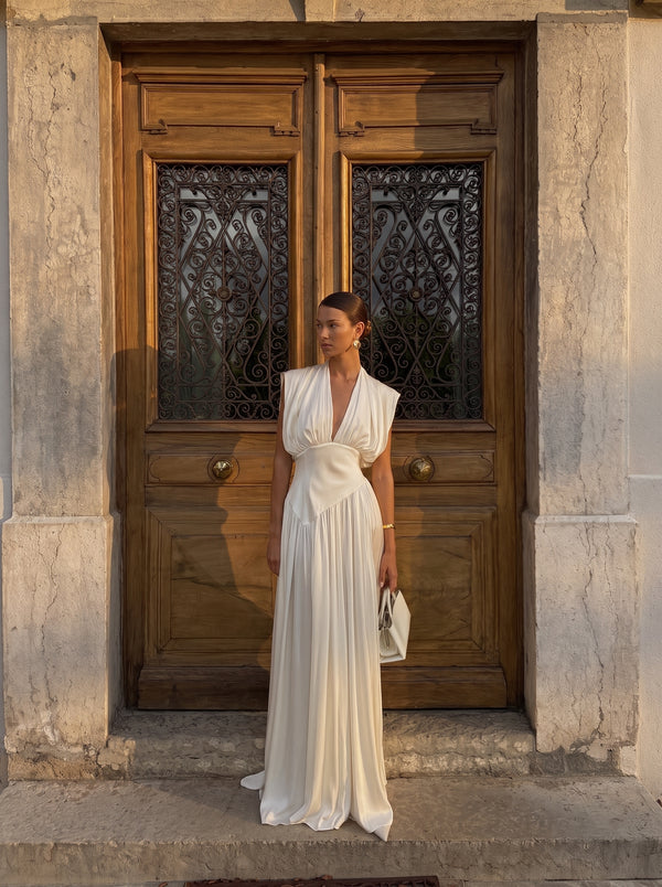 Deep V Neck Draped Maxi Dress