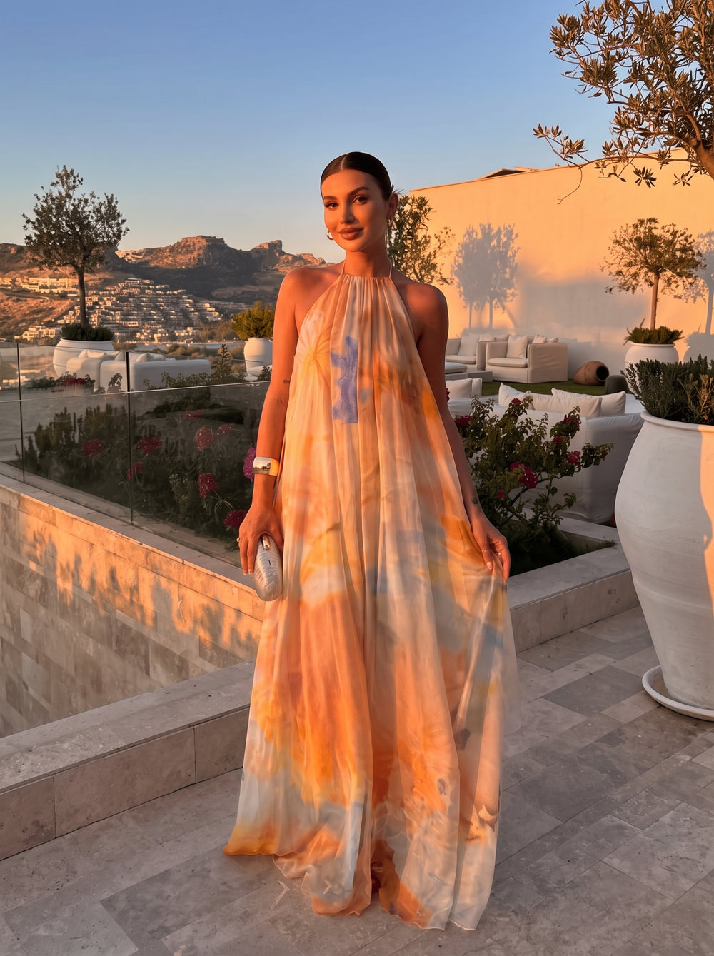 Printed Backless Halter Maxi Dress