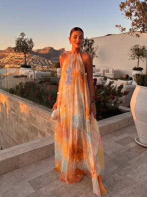 Printed Backless Halter Maxi Dress