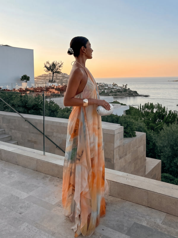 Printed Backless Halter Maxi Dress