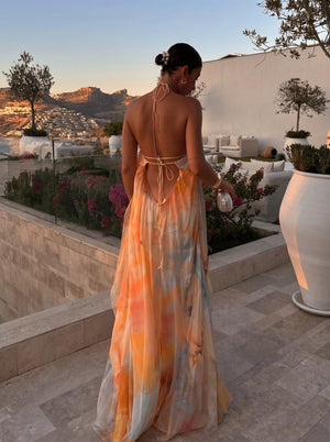 Printed Backless Halter Maxi Dress
