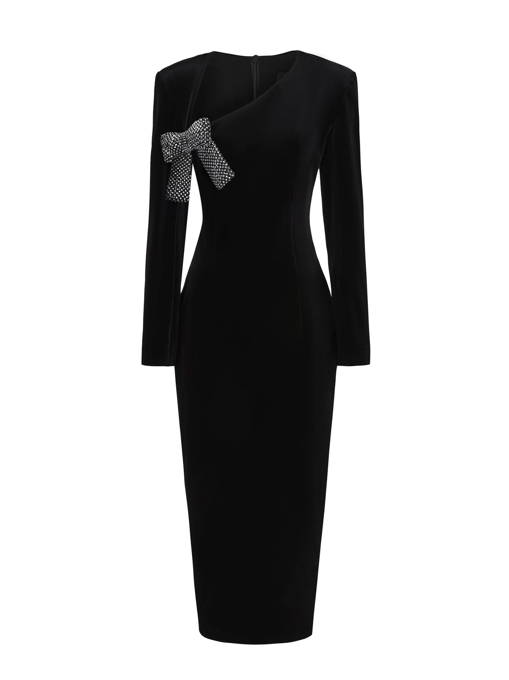 Black dress with a bow detail on a white background