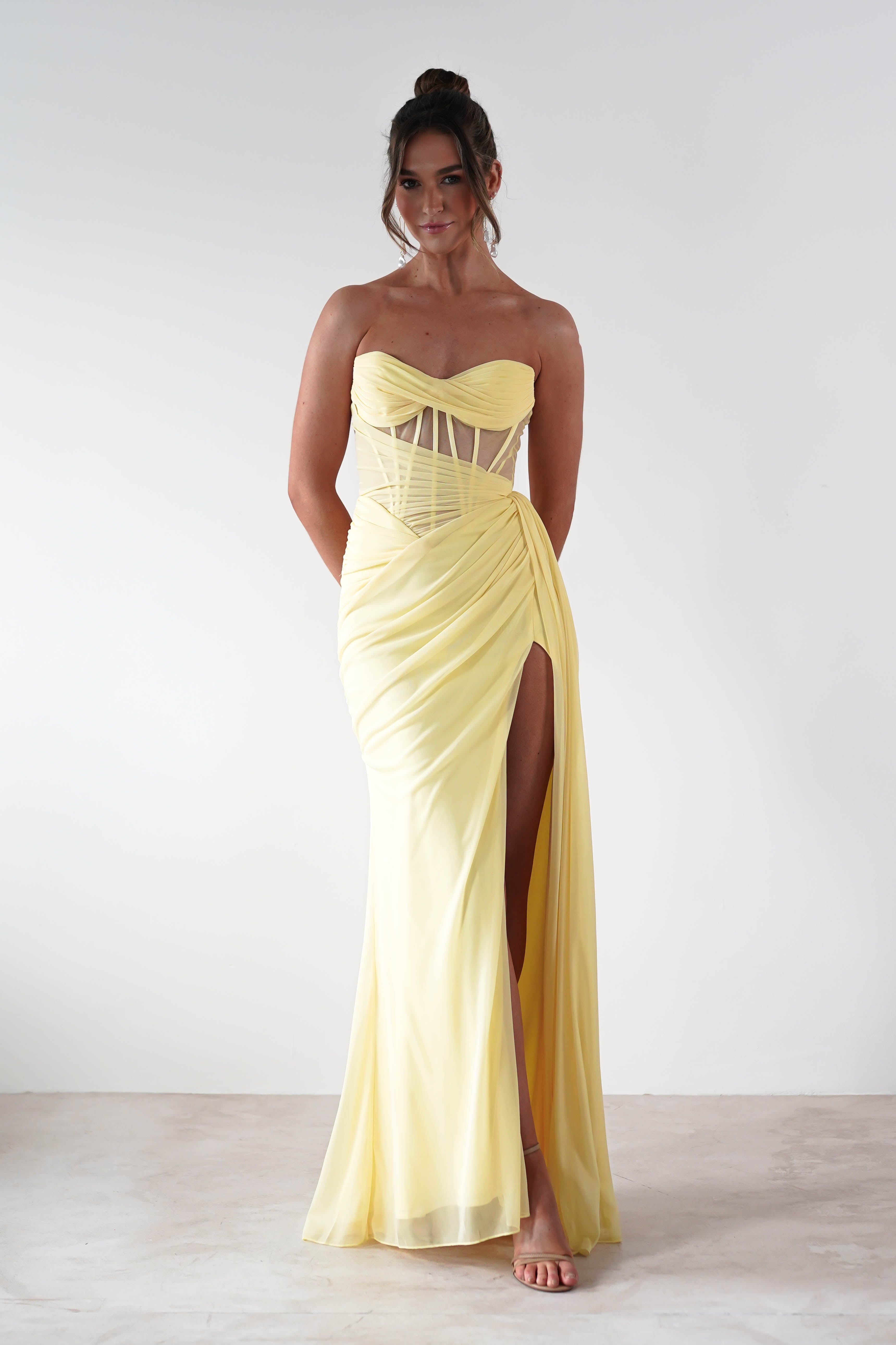 Cathy Yellow Strapless Pleats Mermaid Prom Dress