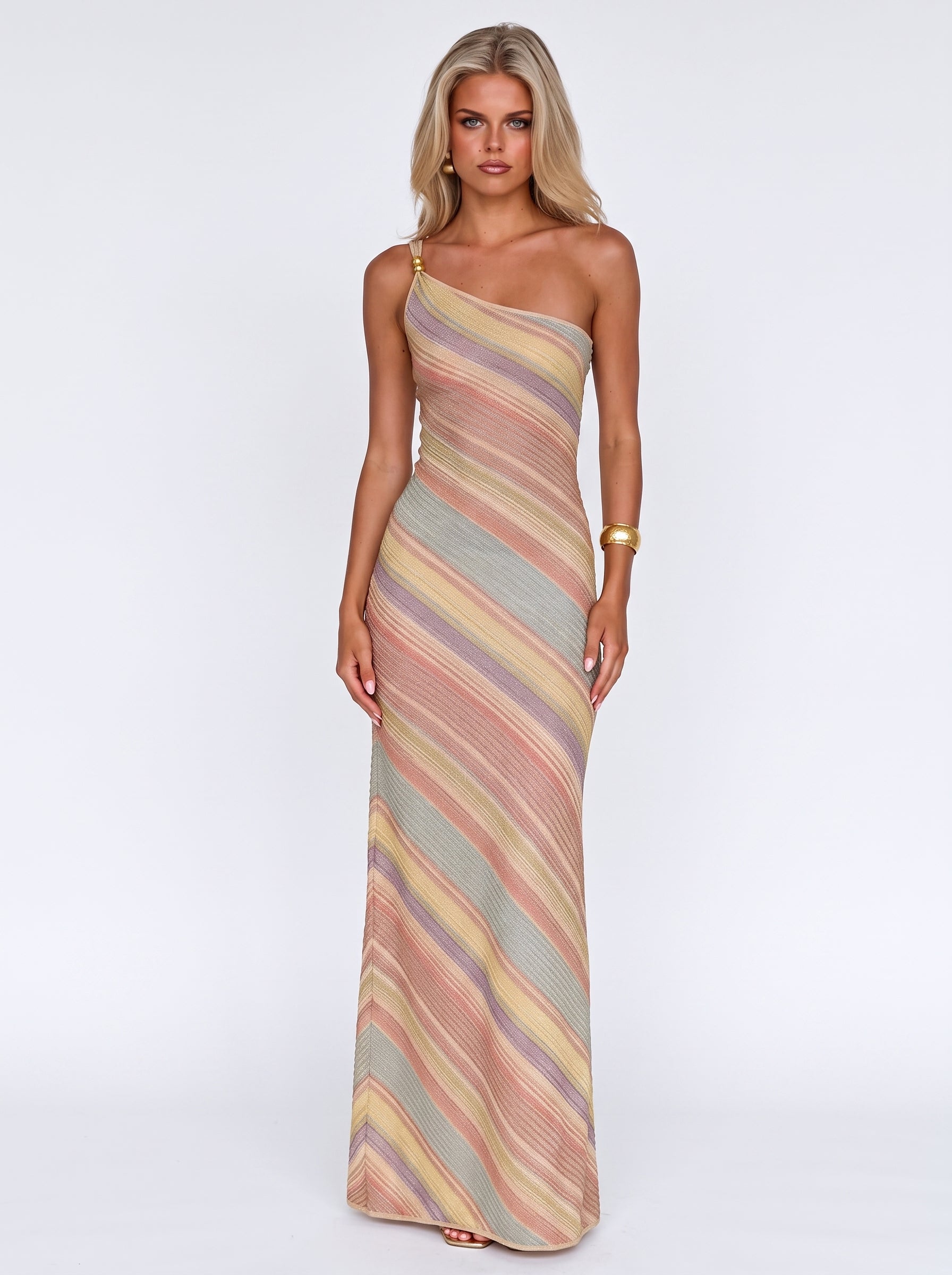 Rainbow Stripe One-Shoulder Maxi