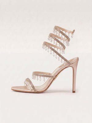 Champagne Rhinestone Spiral Strap Stiletto Sandals