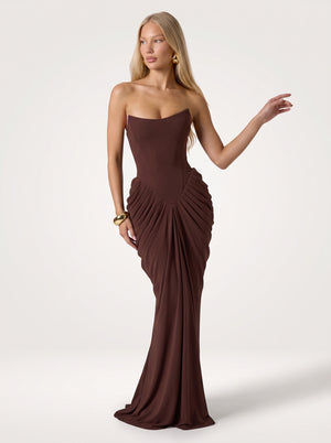 Strapless Ruched Corset Midi Dress