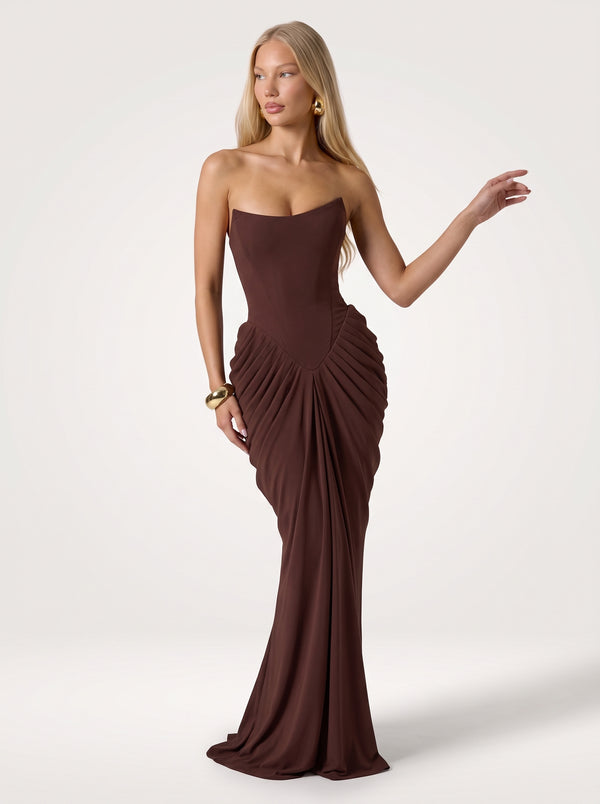 Strapless Ruched Corset Midi Dress