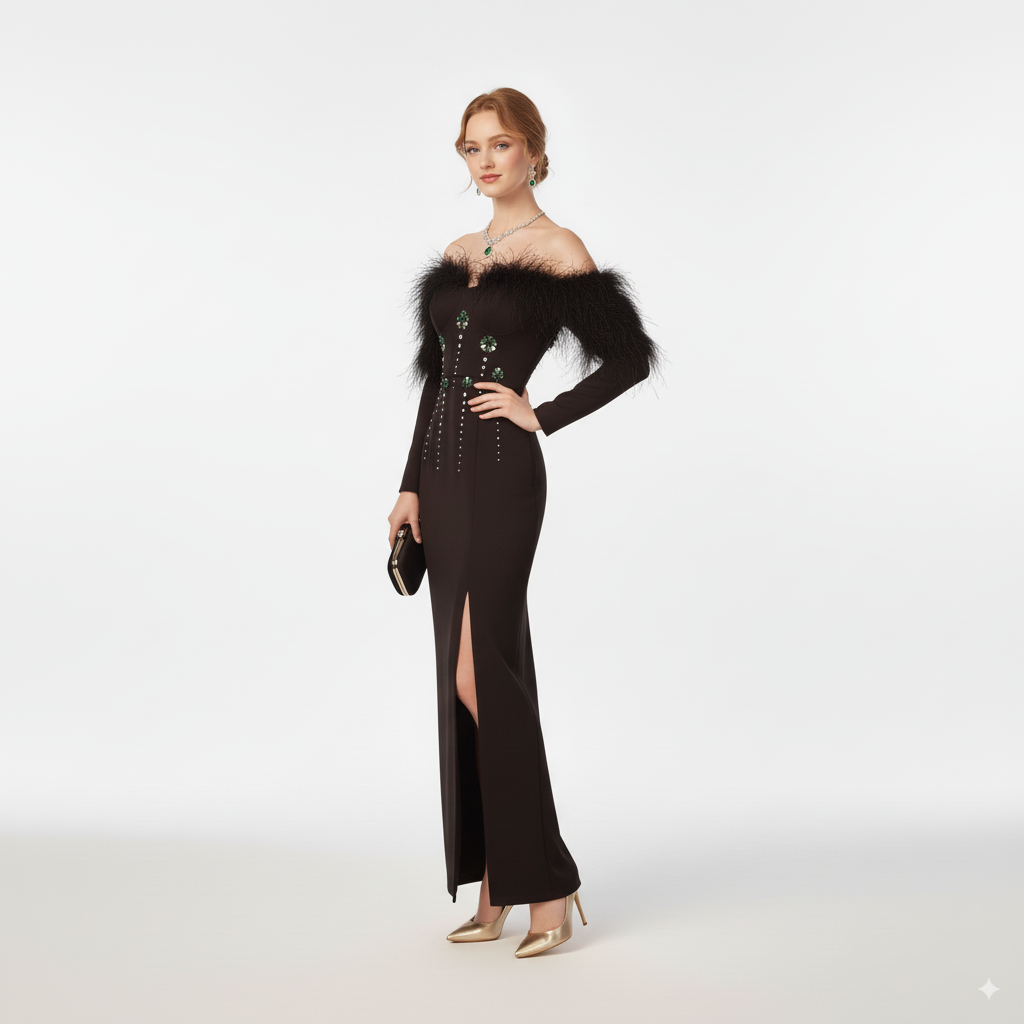 Black Feather One-Shoulder Diamond Evening Dress