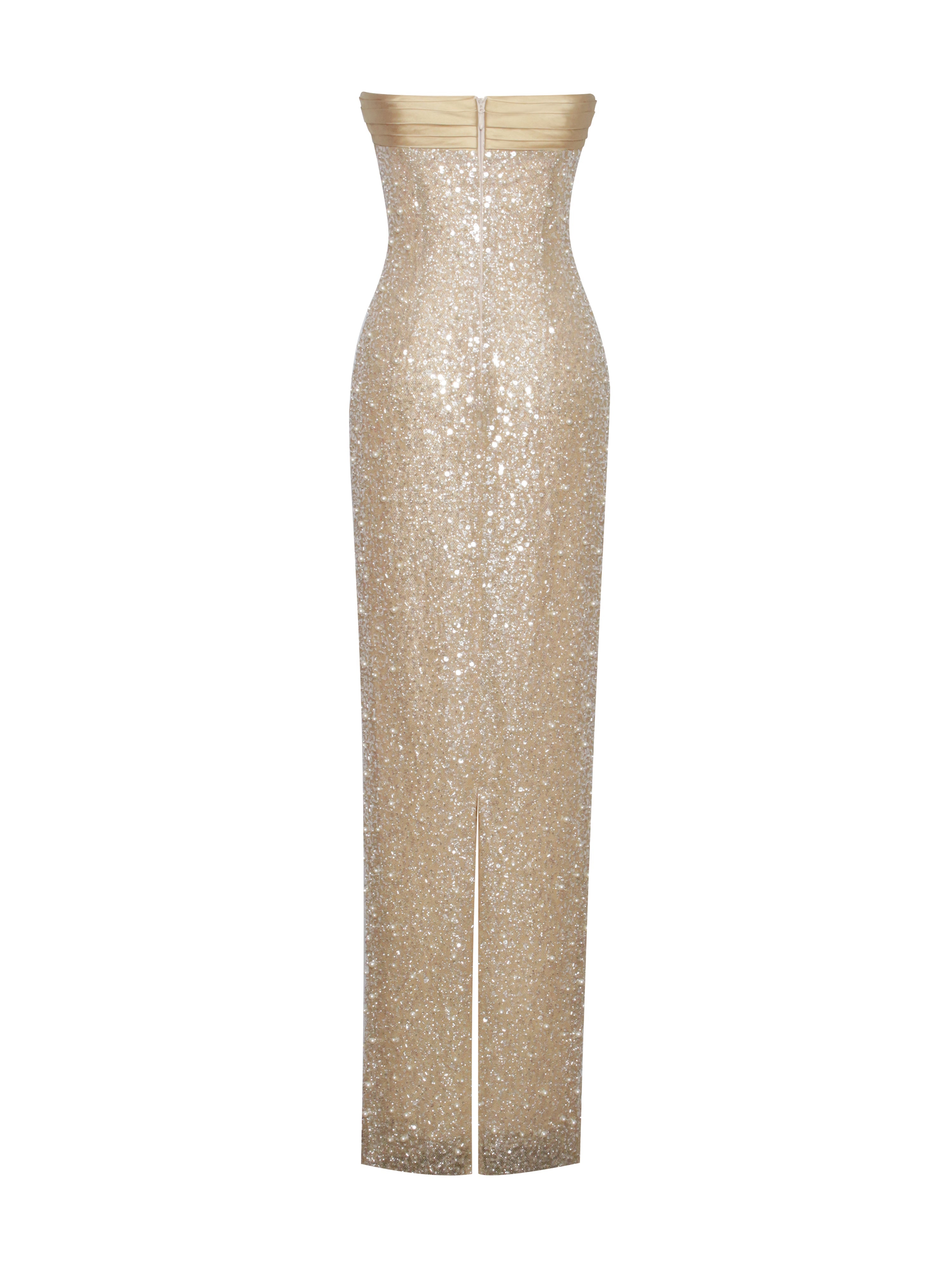 Gold sequin evening gown on a white background