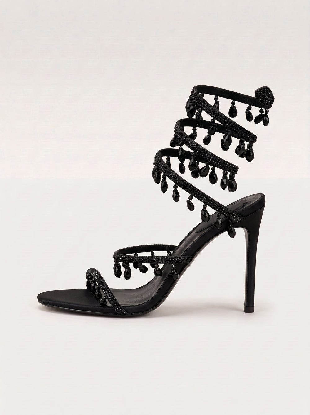 Black Rhinestone Spiral Strap Stiletto Sandals