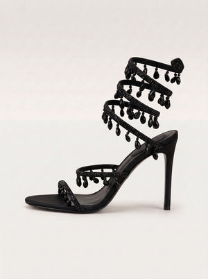 Black Rhinestone Spiral Strap Stiletto Sandals