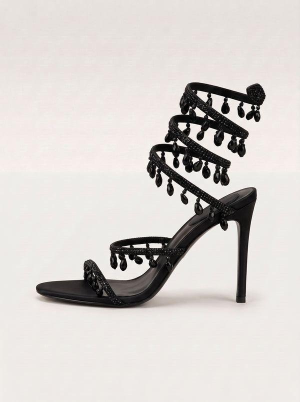 Black Rhinestone Spiral Strap Stiletto Sandals