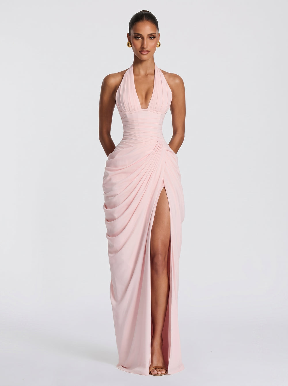 Draped Halter Slit Gown