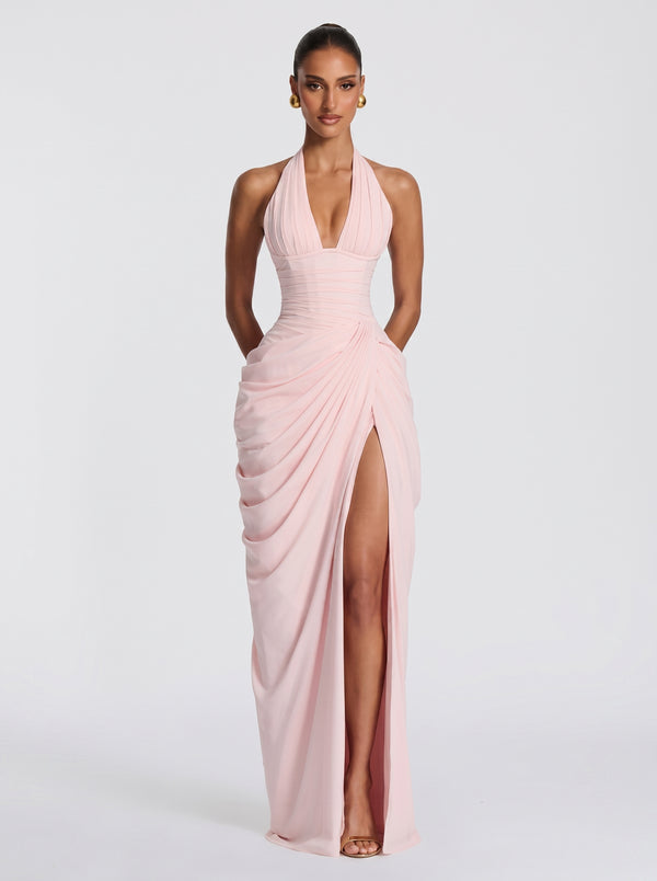 Draped Halter Slit Gown