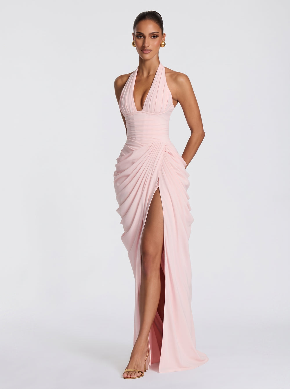 Draped Halter Slit Gown