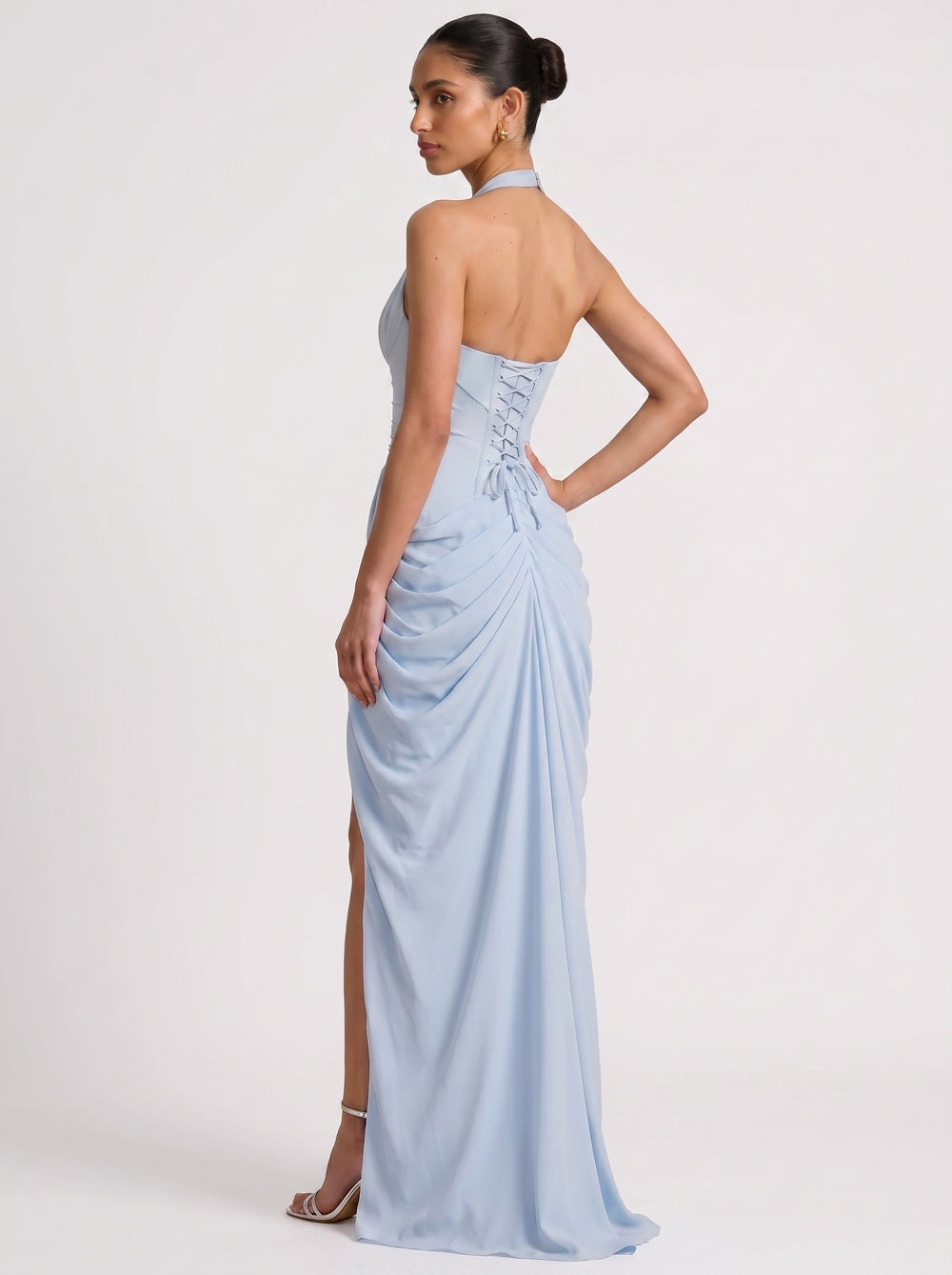 Draped Halter Slit Gown Skyblue
