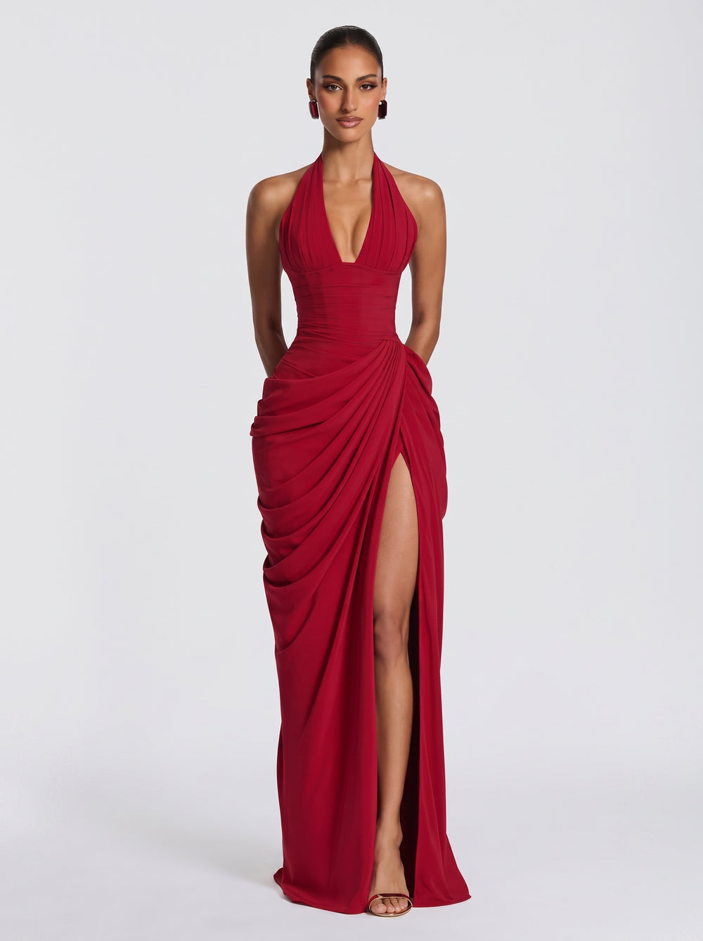 Draped Halter Slit Gown
