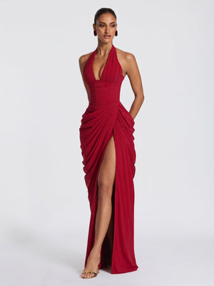 Draped Halter Slit Gown