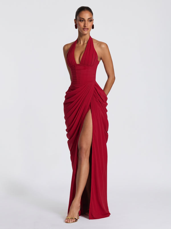 Draped Halter Slit Gown