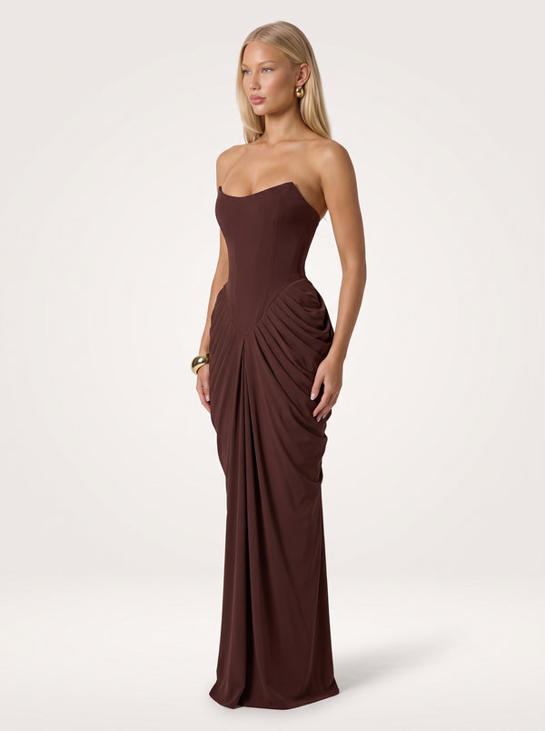Strapless Ruched Corset Midi Dress