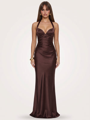 Robe Longue en Satin Col Licou Style Corset