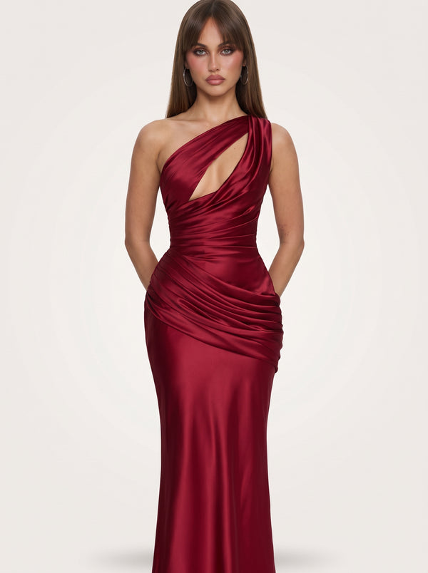 Claret One Shoulder Satin Maxi Dress