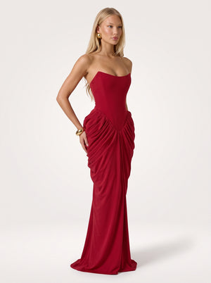 Red Strapless Ruched Corset Midi Dress