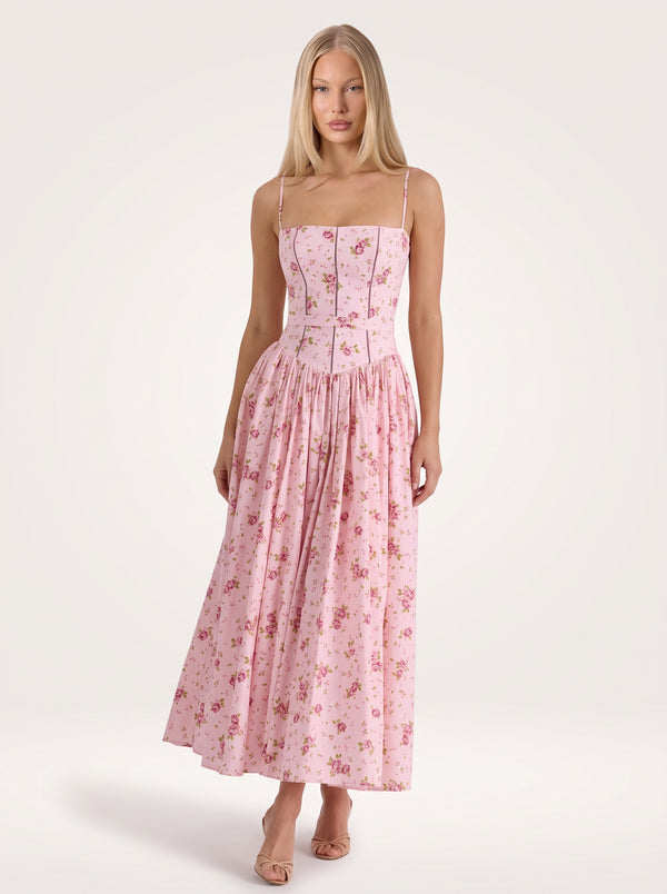 Rochie Midi cu Imprimeu Floral și Bretele Subțiri