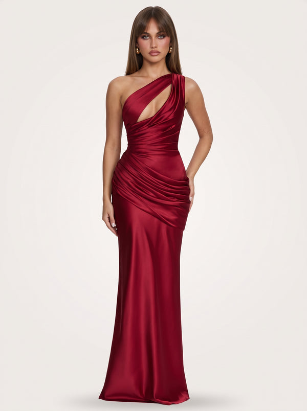 Claret One Shoulder Satin Maxi Dress