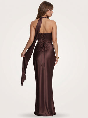 Robe Longue en Satin Col Licou Style Corset