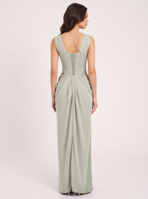 Satin Corset Pleated Maxi Dress
