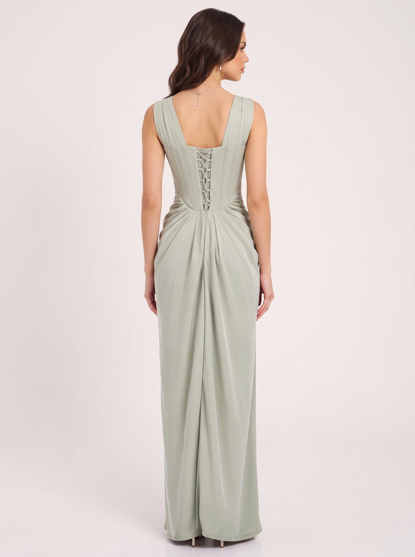 Satin Corset Pleated Maxi Dress